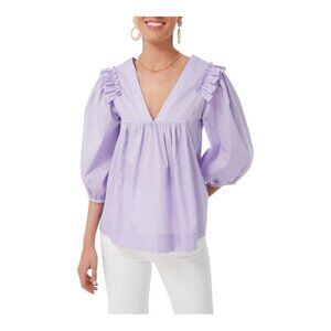 HARSHMAN Lilac Cheryl Blouse Size Medium Cotton V-neck Ballon Sleeves Tuckernuck